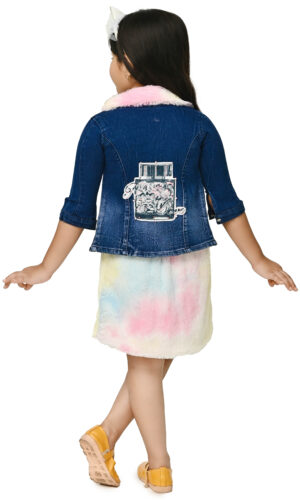 Girls denim jacket fur skirt and top set