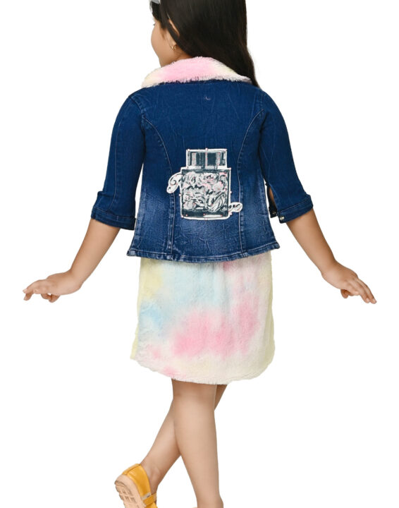 Girls denim jacket fur skirt and top set