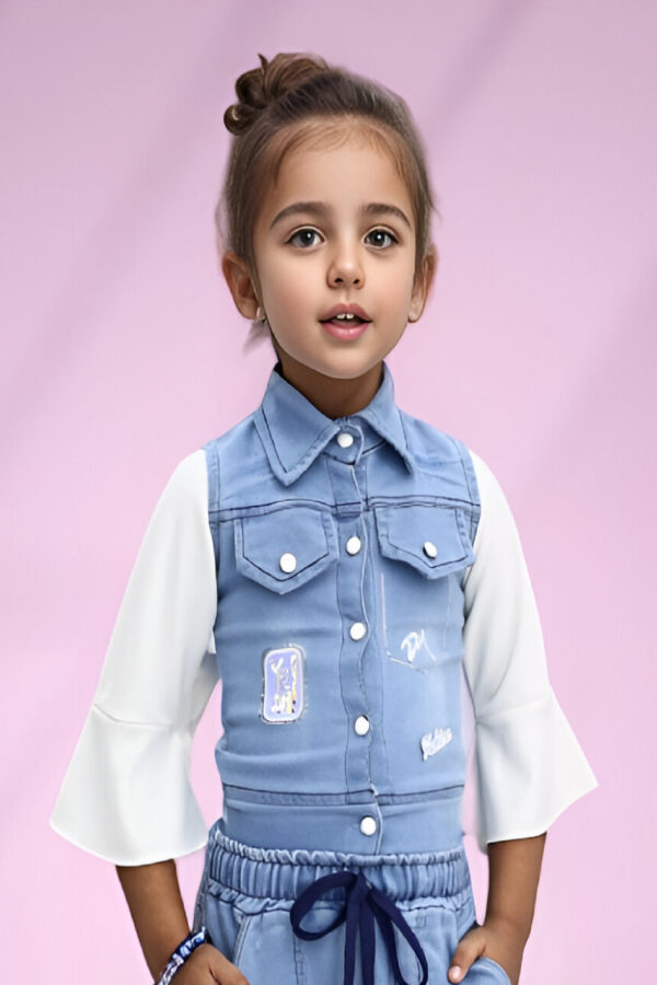 a girl in a blue and white vest