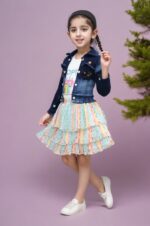 Girls denim jacket with pleated skirt, top