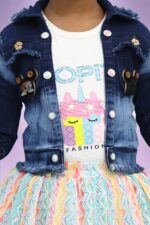 Girls denim jacket with pleated skirt, top